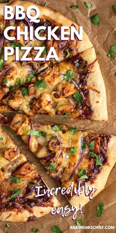 the bbq chicken pizza is sliced into four slices