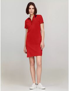 Split-Neck Polo Dress, Primary Red Classic Short Sleeve Summer Polo Dress, Classic Short Sleeve Polo Dress For Summer, Summer Polo Dress With Collared Neckline For Work, Fitted Casual Polo Dress With Collar, Fitted Casual Polo Dress With Polo Collar, Fitted Casual Polo Dress, Summer Cotton Collared Polo Dress, Collared Cotton Polo Dress For Summer, Summer Cotton Polo Dress