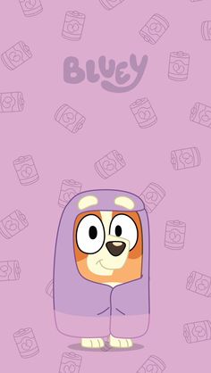 a cartoon character with the word bluey on it's face and eyes, in front of a purple background