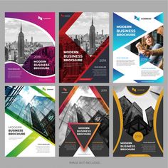 a set of brochures with different colors and shapes