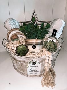 a basket filled with lots of items on top of a table