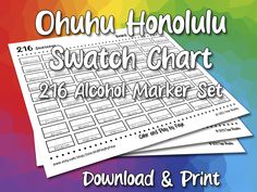 two sheets of paper with the words, ohuh hoholuu swatch chart and