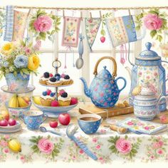 a painting of a tea party with blue and pink flowers on the window sill