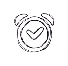 a black and white drawing of an alarm clock with a check mark in the middle