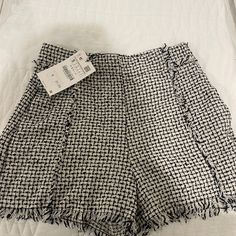 New With Tags! Zara High-Waisted Black And White Checkered Shorts White Mom Jeans, Distressed High Waisted Shorts, Checkered Shorts, Zara Tweed, Sailor Shorts, Studded Shorts, Mom Jeans Shorts, Ripped Denim Shorts, Polka Dot Shorts