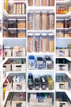 an organized pantry filled with lots of food and containers, including breads, cereals, nuts, and other items