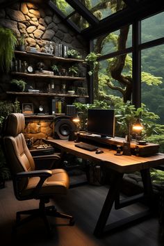 a computer desk sitting in front of a window next to a tree filled with plants