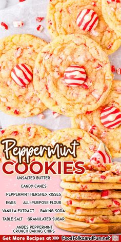 peppermint cookies with candy canes on top and in the middle are stacked up