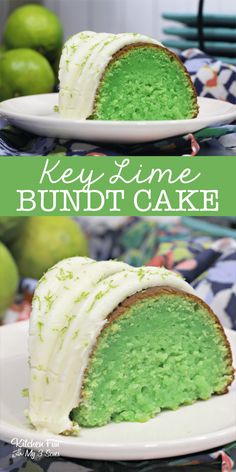 key lime bundt cake on a white plate with the words key lime bundt cake