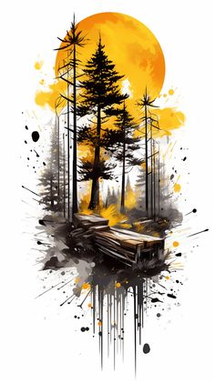 a car is parked in front of trees with the moon behind it and yellow paint splat