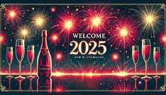 new year's eve welcome banner with champagne and firework in the night sky