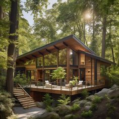 a house in the woods with stairs leading up to it's second story and covered porch