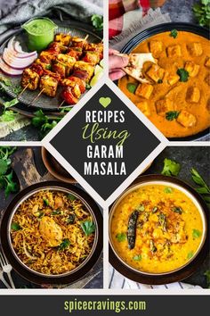 various images of different types of food with the words recipes using garam masala