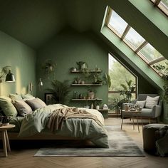 an attic bedroom with green walls and wooden flooring is furnished with furniture, potted plants and bookshelves