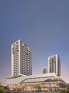 an artist's rendering of two tall buildings in front of a body of water