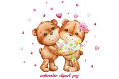 two brown teddy bears holding flowers and hearts