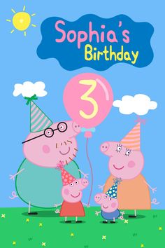 pep and piggy birthday card with the number three on it's face, holding balloons