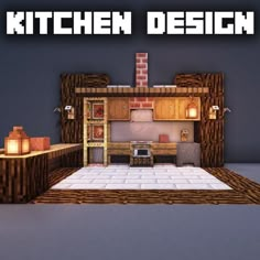 an image of a kitchen in minecraft with the words kitchen design on it's side