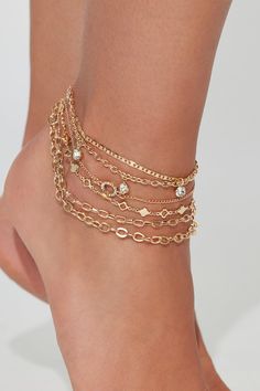 Available In Gold. 5 Piece Anklet Set Various Chain Design Rhinestone Detail Lobster Clasp Closure Imported | My Type Of Anklet Set in Gold by Fashion Nova Anklet Bracelet Gold, Leg Bracelet, Leg Jewelry, Cute Anklets, Leg Chain, My Type, Chain Design, Anklet Bracelet, Chain Anklet