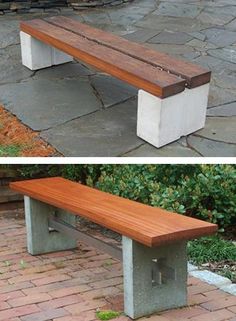 two different benches side by side on the same brick walkway and one has a bench made out of concrete blocks