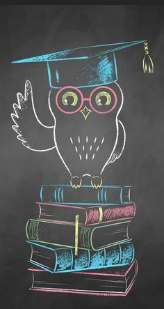 an owl with glasses and a cap on top of books