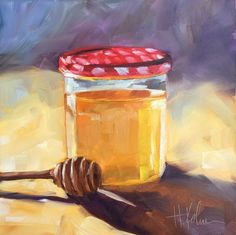 a painting of a jar of honey and a wooden spoon