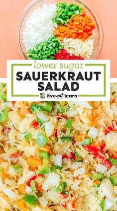 sauerkraut salad in a glass bowl with text overlay that reads lower sugar sauerkraut salad