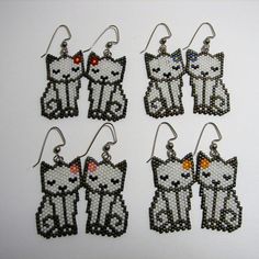 four pairs of cat earrings are shown in black and white beadwork, each with an individual's name on it