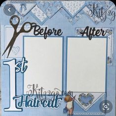 a scrapbook page with scissors and blue trimmings on the pages, before and after it has been altered