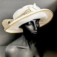 Elegant White And Gold Straw Hat From Brenda Waites Bolling, Made In Usa. Wide 4" Brim Trimmed In Metallic Gold Fabric. Adorned With Teardrop Shaped Faux Pears With Clear Rhinestone Detail. Ribbons Of Metallic Gold And White Straw Complete This Fabulous Look. Good Condition. Elegant Adjustable Straw Hat, Formal White Straw Hat With Curved Brim, Elegant Adjustable Straw Hat For Weddings, Formal White Straw Hat With Short Brim, Elegant Fitted Straw Hat For Kentucky Derby, Fitted Wide Brim Straw Hat For Wedding, White Fitted Hat With Curved Brim, Fitted White Hat With Curved Brim, Chic White Straw Hat For Formal Occasions