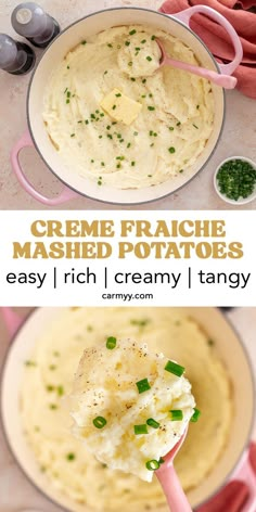 a bowl full of mashed potatoes with a spoon in it and the words creme frache mashed potatoes