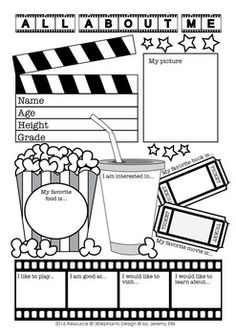 a movie theme with popcorn, drinks and claps on the film strip for an all about me activity