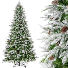 two artificial christmas trees with snow on them