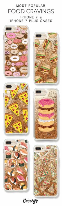 four iphone cases with different designs on them, including donuts and pizzas in the middle