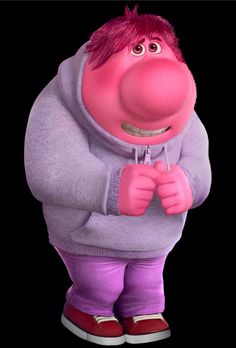 an animated character with pink hair and purple pants, standing in front of a black background