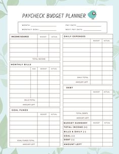 a printable pay sheet with the words paycheck budget planner written on it