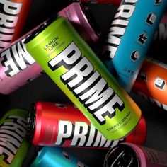 several cans of energy drink are stacked on top of each other with the word prince printed on them