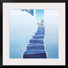 a painting of stairs leading up to a building with a potted plant on top