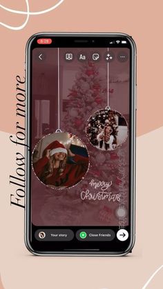 an iphone screen with the text merry christmas and two photos hanging from it's side