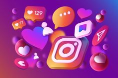 the instagram icon is surrounded by hearts and other social media related items on a purple background