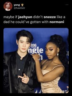 two people standing next to each other in front of a blue background with the caption that says, maybe if jalyn didn'tweee