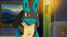 an animated pokemon character standing in front of a doorway with a painting on the wall behind it