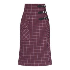 The high-waisted skirt features buckles and a high front slit, making it a standout piece.  Pair it with a turtleneck or chunky knit sweater for a fun fall look.  It boasts a high waist, a left side patch pocket with flap, back zipper. The length is  below knee, and it is fully lined. Shell: 97% Cotton, 3% Polyurethane Lining: 100% Viscose    Delicate wash. Do not tumble dry. Hang to dry. Iron Medium. Wool Wrap Skirt, Skirt Medium, Wool Wrap, Chunky Knit Sweater, Gifts For New Mums, Blazer With Jeans, Chunky Knits Sweater, Fall Fun, Fall Looks