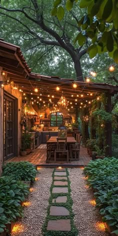 an outdoor patio with lights strung over it