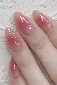 Cute Nail Designs Korean, Pink Jelly Nails Acrylic Korean, Soft Core Nails, Korean Nail Style, Gel Korean Nails, Kawaii Simple Nails, Cute Core Nails, Korean Jelly Nails Designs, Short Korean Nail Designs