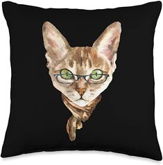 a black pillow with a cat wearing glasses and a scarf on it's neck