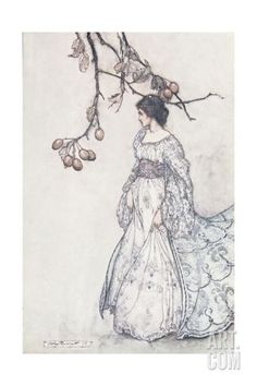 a painting of a woman standing under a tree with fruit hanging from it's branches