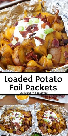 loaded potato foil packets with bacon, cheese and sour cream on top are ready to be eaten