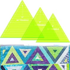 the triangle quilt pattern is shown in three different sizes and colors, along with measurements for each piece