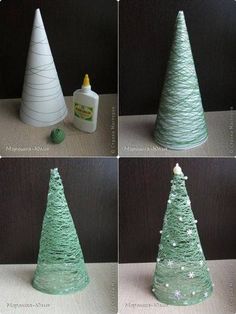 four pictures of different christmas trees made from yarn and plastic bottle caps, with instructions on how to make them